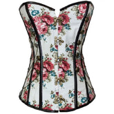 Vintage gothic corset with black lace and front closure.